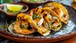 A plate of gourmet tacos filled with grilled shrimp, avocado, and salsa verde