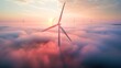 Wind turbine at sunrise in heavy fog. Wind farm generating green energy. Generative AI.