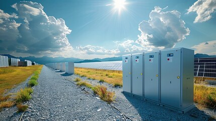 Aufkleber - Battery storage system next to a photovoltaic power plant. Generative AI.