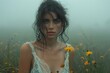 A captivating image portraying a woman with wet hair in a misty meadow with yellow flowers Intense gaze