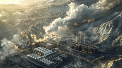 Poster - A geothermal power plant harnesses Earth's heat through steam in a digital graphic depiction.