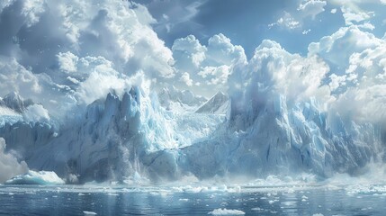 Poster - A digital illustration depicts a glacier splitting and calving into the ocean, showcasing rapid ice melt due to rising temperatures.