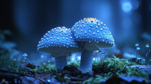 A Group Of Blue Mushrooms Sitting On Top Of A Lush Green Forest Covered In Lots Of Lichen And Moss.