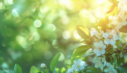 Wall Mural - Spring background with blooming flowers and green leaves on a blurred bokeh light pastel background Generative AI