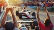 Sport enthusiasts putting on a positive attitude. Driving on roadways during the day, Formula One racing cars compete outdoors.