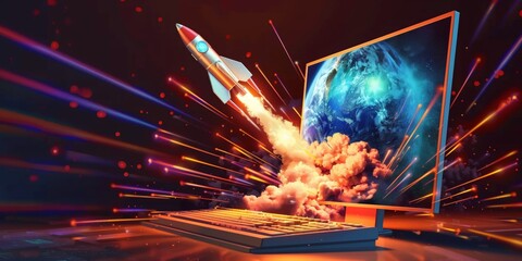 Wall Mural - computer with rocket flying out of it, vibrant and bold colors, colorful rocket launch, technology d