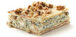 A mouth-watering lasagna with blue cheese crumbles and walnut pieces, offering a unique blend of flavors and textures, isolated on a white background