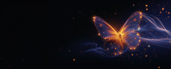 Glittering glowing beautiful butterfly with translucent wings. Purple with gold night moth on dark background with glitter star dust particles. Banner copy space. Generative AI