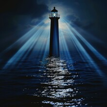 Majestic Lighthouse Beam Illuminating Dark Sea - A Lighthouse Stands Tall As Its Powerful Beams Cut Through The Night, Illuminating The Dark Ocean Waters With A Sense Of Guidance And Safety