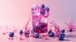 Refreshing Blueberry Infusion Splash, vivid representation of vibrant blueberries plunging into a glass of sparkling water, surrounded by dynamic splashes and a pink backdrop.