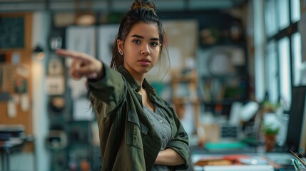 Confident Creative in Studio Space, young Hispanic woman fashion designer stands assertively in a well-lit studio, her gaze direct and hand extended as if to present her latest visionary project