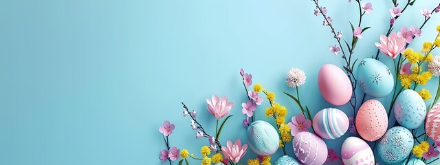 Sticker - a blue background with pastel colored eggs and flowers on it