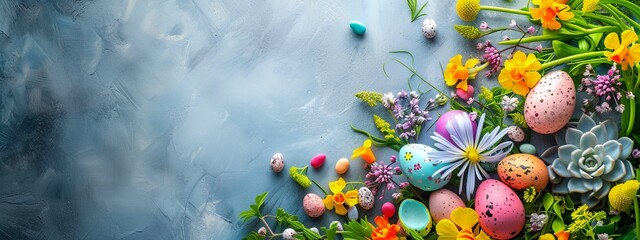 Sticker - a blue background with pastel colored eggs and flowers on it