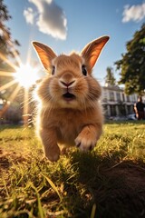 Wall Mural - bunny runs along lawn against the backdrop of a sunny lawn,