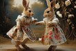 Two dancing rabbits in vintage dresses, easter concept.