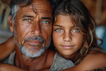 Wall Mural - daughter hugs her dad, facing the camera, caucasian family