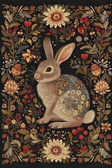 Wall Mural - Folk art bunny with decorative floral backdrop