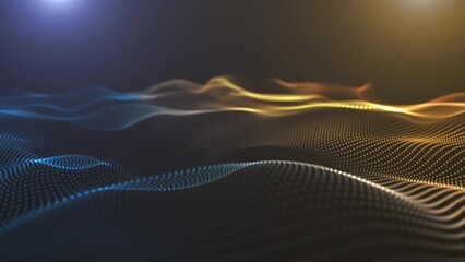 Wall Mural - Abstract wave technology from particles. Big data visualization. Blue and gold gradient. Dark background with moving dots and lines. Artificial intelligence. 3d rendering. 4К