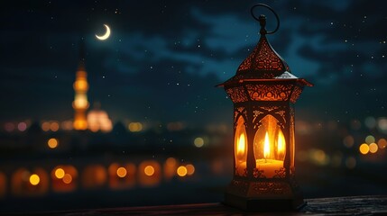 Ramadan lantern on twilight mosque backdrop