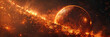 The image captures a planet partially engulfed in flames and lava, creating a dramatic fireball in the sky. The intense heat radiates outwards, illuminating the darkness of space with its fiery glow