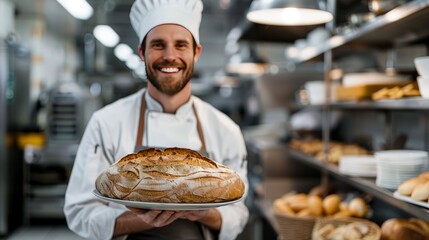 male chef holding fresh bread in the kitchen