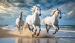 © blackdiamond67 - White Stallions GALLOPING ON THE BEACH with ocean waves and sand splashing