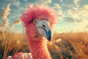 A pink flamingo with a pink head and pink feathers. The flamingo is looking at the camera