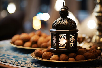 Dates fruit with a background of city lights and a Ramadan Kareem lantern.