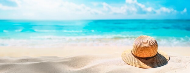 Sunny summer background with a straw hat a on a white sand beach with turquoise sea water. Vacation concept banner, mockup design template for travel advertising and promotion, copy space for text