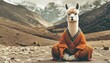 Calm looking alpaca or llama wearing simple clothes, sitting on ground in lotus like position. Zen meditation concept