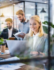 Blurred office with people working behind glass wall 