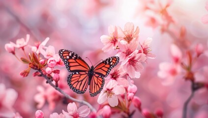 Wall Mural - A butterfly landing on the pink cherry blossoms creating an enchanting scene of nature's beauty Generative AI