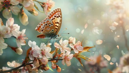 Wall Mural - A butterfly with delicate wings perched on the branch of a cherry blossom tree The background is blurred to emphasize the butterfly and flowers Generative AI