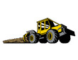 Retro style illustration of a cable skidder, grapple skidder or logging arch pulling a tree behind it viewed from a low angle on isolated background.
