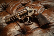 The Gun Lay On The Leather Sofa. The Weapon Is A 357 Caliber Revolver Pistol