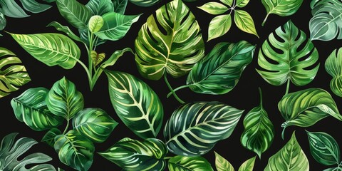 Wall Mural - A painting depicting vibrant green leaves against a stark black background.