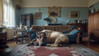 
A bison lies on a rug in a cozy, vintage living room.