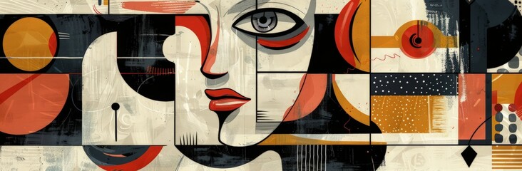 Wall Mural - A painting depicting a womans face at the center, encircled by intricate geometric shapes in various colors.