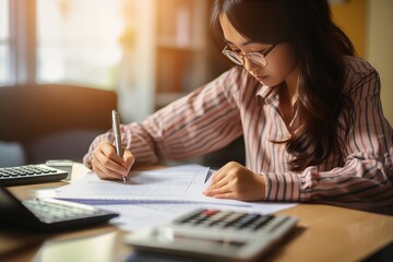 Wall Mural - Deduction planning concept. Asian young woman hand using calculator to calculating balance prepare tax reduction income, cost budget expenses for pay money form personal Individual Income Tax Return.