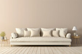 Fototapeta  - Visualize the elegance of a beige and Scandinavian sofa set against a white blank empty frame for copy text, against a soft color wall background.