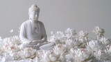 Fototapeta Dziecięca - White Budha statue with wjite lotus and candles on water on light background. Happy Wesak day. Budha birthday concept.