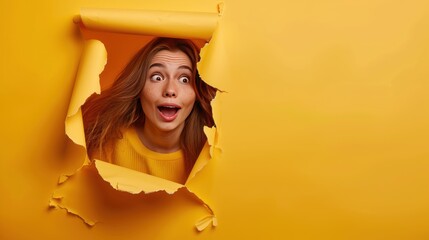 A woman with her mouth open with an expression of surprise or curiosity is looking through a hole in torn yellow paper on a yellow background