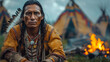 Portrait of a native American man sitting near a fire in a village. (AI generated)