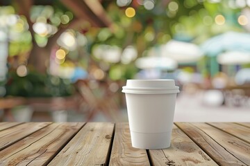 Wall Mural - Coffee in blank craft cup on wooden table in blurred cafe background. Take away cup