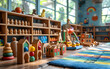 © photo for everything - Variety of plastic and wooden kids' toys on light wooden