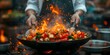 Chef skillfully cooks vegetables outdoors using flambe technique with flaming wok in slow motion. Concept Outdoor Cooking, Flambe Technique, Slow Motion, Chef Skills, Vegetables