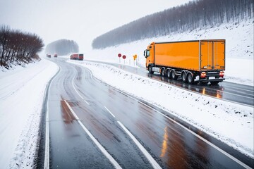 truck with cargo on the highway in winter. Freight transportation