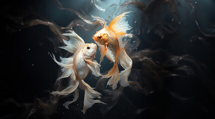 Wall Mural - Elegant Goldfish Pair Swimming in Synchronized Harmony, an Underwater Ballet created with Generative AI technology.