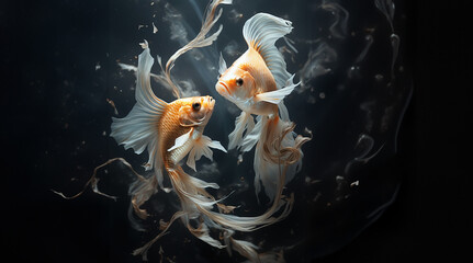 Wall Mural - Elegant Goldfish Pair Swimming in Synchronized Harmony, an Underwater Ballet created with Generative AI technology