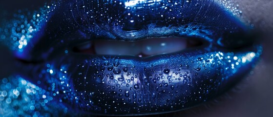 Wall Mural - Close up shot of beautiful female lips with blue glitter makeup. Beauty and fashion concept